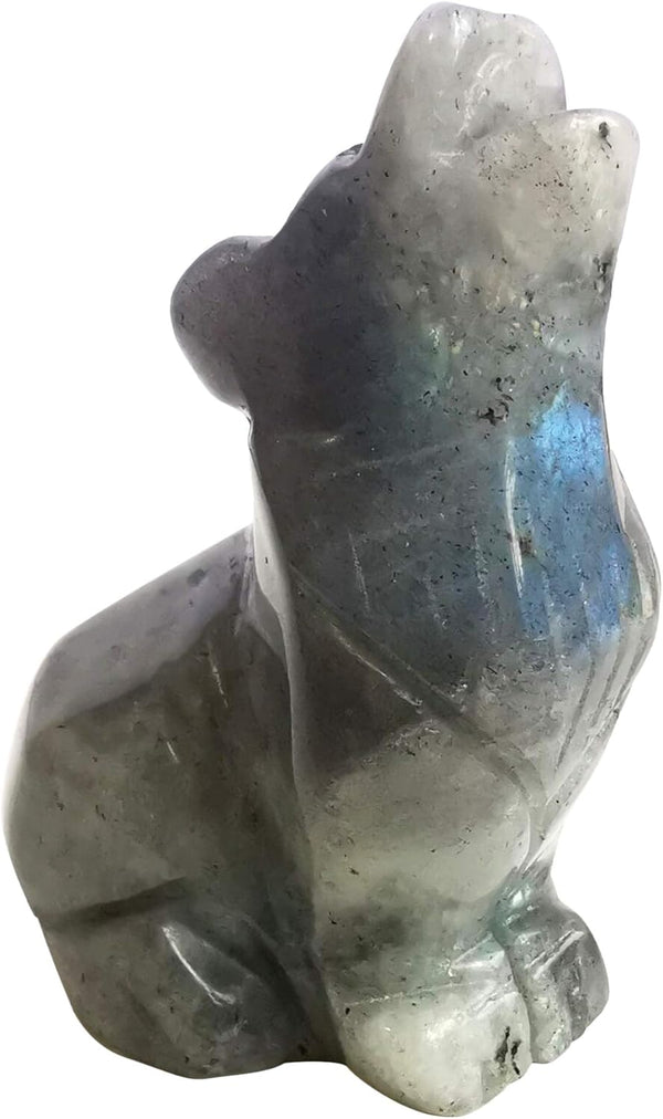 Natural Moonstone Wolf Crystal Figurine - Hand Carved Stone Animal Statue for Home Decor, 2.5 Inches