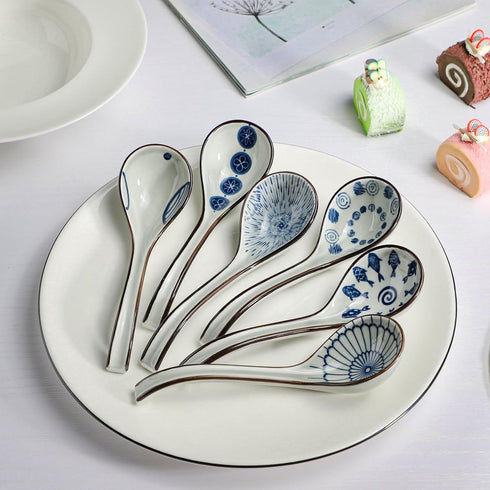 Ceramic Soup Spoons Set of 6, Long Handle Japanese Ramen Spoon for Dumpling, Noodles, Miso, Chinese Wonton