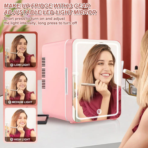 Mini Fridge for Bedroom, Skincare Fridge with Dimmable LED Light Mirror, 4L Makeup Mini Fridge, Pink