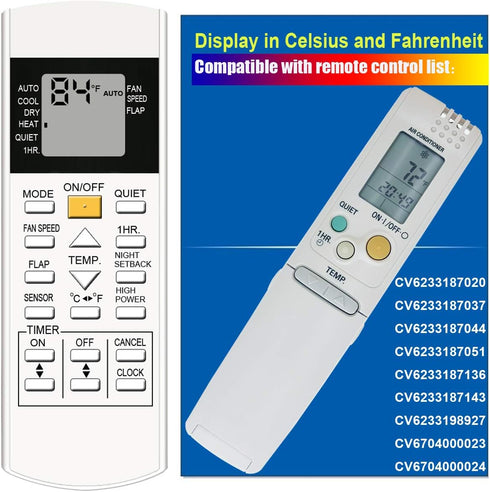 Replacement for Panasonic Air Conditioner Remote Control CV6233198927, CV6233187136, CV6233187143, and More