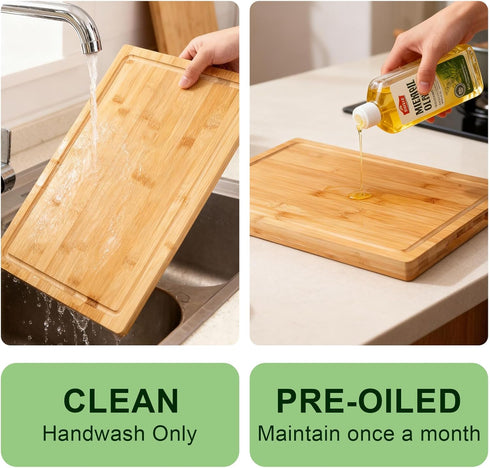 17x12x1 Inch Bamboo Cutting Board for Kitchen, Thickened Chopping Board with Juice Groove & Handles, Large Double Sided