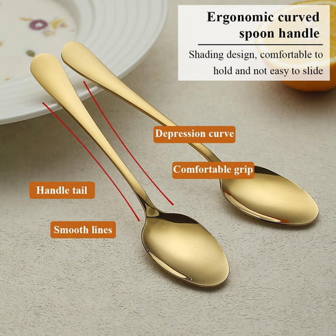 Gold Stainless Steel Dinner Spoons Set of 12, Table, Soup, Dessert Spoons for Home, Kitchen, Restaurant, Dishwasher Safe