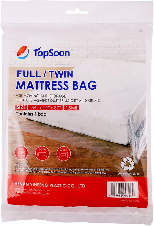 TopSoon Mattress Storage Bag, Full/Twin Size, 54-Inch by 87-Inch Clear Mattress Disposal Bag