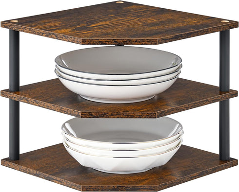 Wooden 3-Tier Corner Shelf, Kitchen Countertop Dish & Bread Organizer Counter Stand