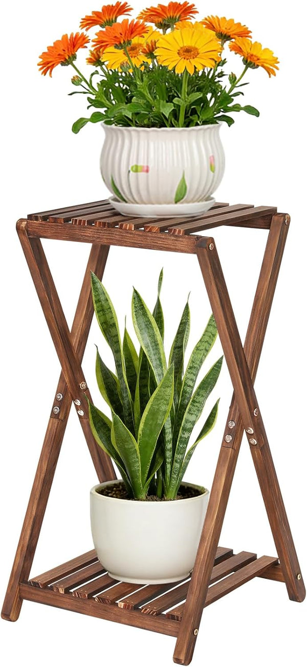 Plant Stand Indoor,Wooden 2 Tier Plant Stands,Corner Square Plant Shelf,Rustic Flower Stand