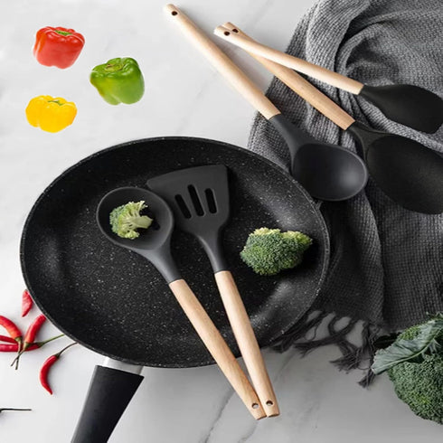 Kitchen Utensils Set, 5 Pcs Non-Stick Silicone Cooking Utensils with Wooden Handle, Heat Resistant Gadgets