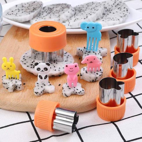 Vegetable Cutters Shapes Set, 20pcs Stainless Steel Mini Cookie Cutters + 20pcs Cute Cartoon Animals Food Picks