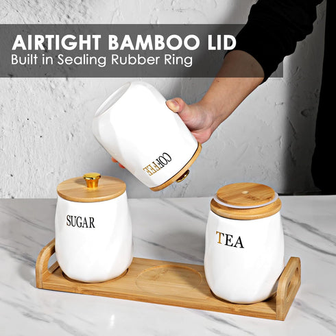 OGANAZI 3 Pack Set Set, Countertop Ceramic Canister with Bamboo Lids and Handle Tray, Coffee Tea Sugar Container White