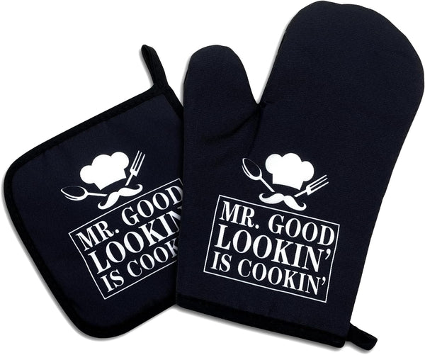 Mr. Good Looking is Cooking: Funny Oven Mitts and Pot Holders Set of 2, Silicone Non-Slip Kitchen Gift
