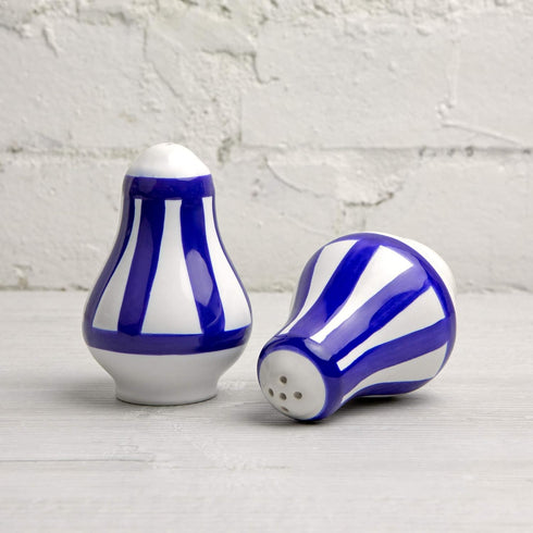 City to Cottage Ceramic Salt and Pepper Set - Handcrafted Navy Blue Stripe Shakers for Home, Restaurants, Weddings