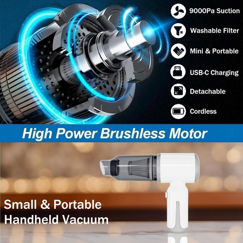 Mini Cordless Car Vacuum, Small Wireless Handheld Vacuum Cleaner 9000PA High Power Suction, Portable 3 in 1 Vacuum, Air
