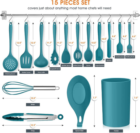 Teal Blue Kitchen Utensils Set, E-far 15-Piece Silicone Cooking Utensils with Holder, Non-stick Cookware Friendly & Heat Resistant, Includes Ladle Spatula Spoon Slotted Turner for Cooking & Baking by E-far