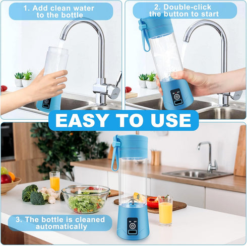 Portable Personal Blender for Shakes and Smoothies, USB Rechargeable Mini Juicer, 380ML Travel Bottles (Blue)
