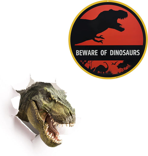Venicor Beware of Dinosaur Sign - 12 x 12 Inches Aluminum, T Rex Room Decor for Boys, Keep Out Warning Metal Wall Art