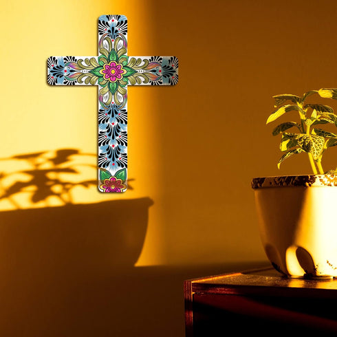Floral Cross Wall Decor - Hand Painted Inspirational Wooden Cross, Mexican Art for Home Room Church Decoration