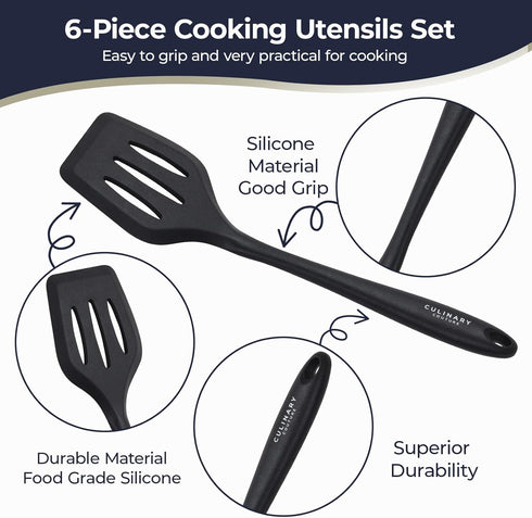 Culinary Couture Black Silicone Kitchen Utensils Set of 6, Non-Stick Heat-Resistant Silicone Kitchen Utensils Set with Steel Inner Core by Culinary Couture