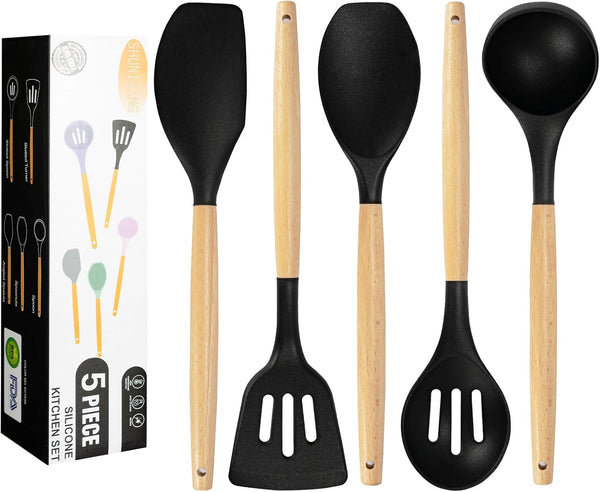 Kitchen Utensils Set, 5 Pcs Non-Stick Silicone Cooking Utensils with Wooden Handle, Heat Resistant Gadgets