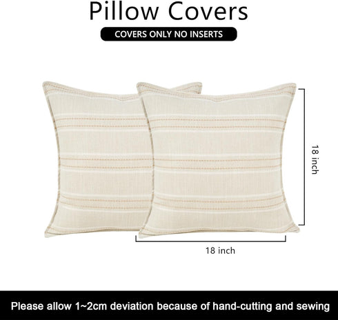 18X18 Set 2 Decorative Farmhouse Linen Throw Pillow Covers, Boho Textured Pillow Case of ,Beige with White & Brown