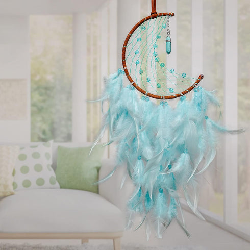 Dremisland Moon Dream Catcher - Handmade Feather Wall Hanging Ornament with Fairy Lights for Kids Bedroom Decor
