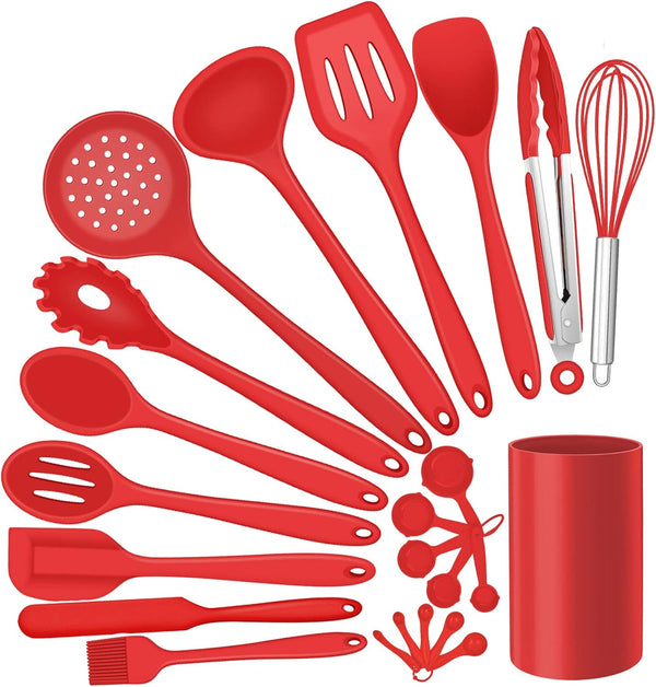E-far 23 Pcs Silicone Kitchen Utensils Set in Red, Cooking Tools with Holder for Nonstick Cookware, Heat Resistant