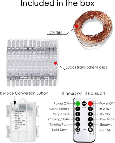 50 17ft 8 LECLSTAR LED Photo Clips String Lights, with Remote - Modes Fairy Lights to Clip on Pictures, Photos, Cards