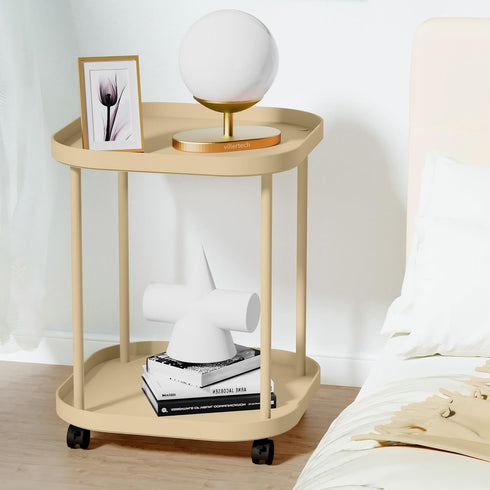 Mobile Side Table with Wheels - Khaki Color, Compact Design