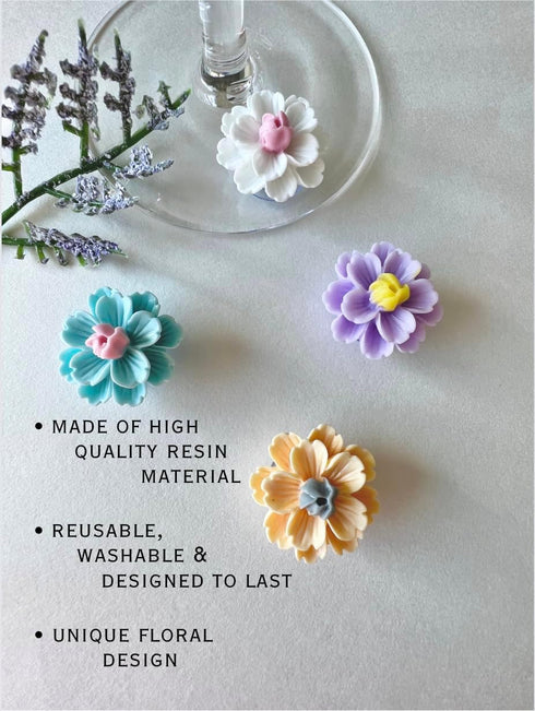 Fount & Haven 8 Pack Flower Suction Wine Glass Charms - Resin Drink Markers for Stem Glasses, Washable Wine Markers