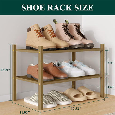 2-Tier, Closet, Smiry Small Bamboo Shoe Rack Stackable Wooden Shoe Organizer for Entryway & Free Standing Wood Shoe