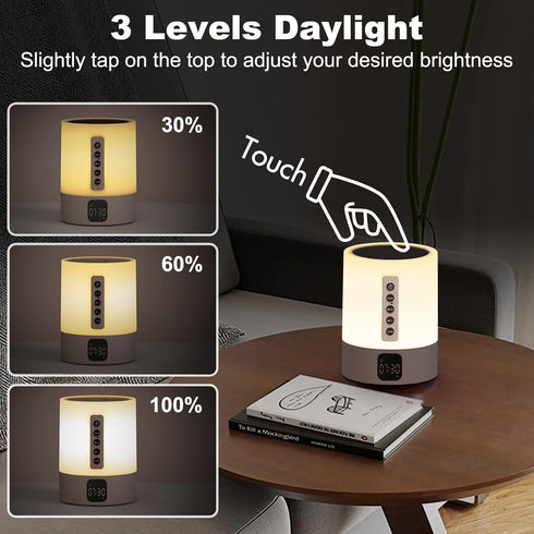 Dimmable 48 10-15 Night Light Bluetooth Speaker Alarm Clock, Sound Machine with White Noise, Touch Bedside Lamp, Warm