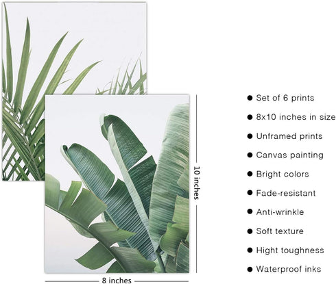 Botanical Wall Art Prints Set of 6, Tropical Leaves Decor Canvas Prints for Wall Decor, Green Wall Art Posters Set for