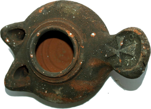 Holy Land Market Antique Crusader 2-Wick Clay Oil Lamp - Herodian Style