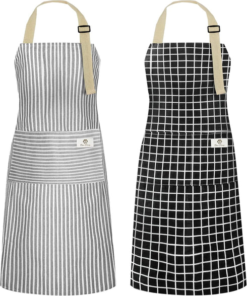 NLUS 2 Pack Kitchen Cooking Aprons, Adjustable Bib Waterproof Chef Apron with 2 Pockets (Grey Stripe/Black Plaid)