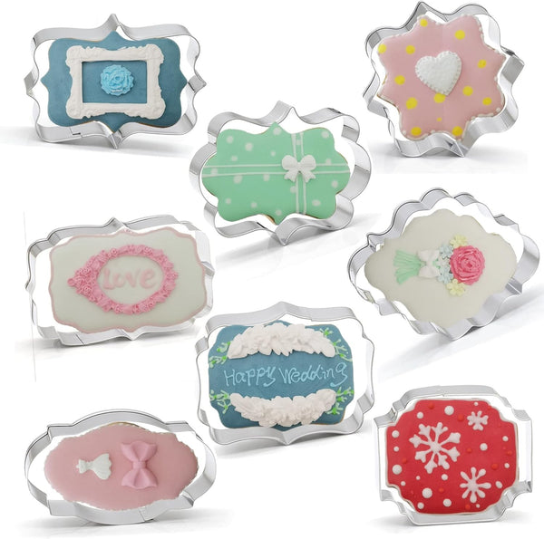 Fancy Plaque Cookie Cutters Set of 8 pcs, Stainless Steel Wedding Frames Shaped Fondant Cutter Molds for Baking