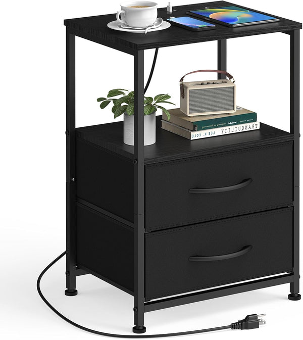 YBING Nightstand with Charging Station End Table with 2 Fabric Drawer Bedside