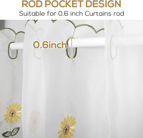 ZHH Sheer Embroidery Valance for Window with Daisy - Short White Kitchen Curtain, 1 Panel, 17x70inch