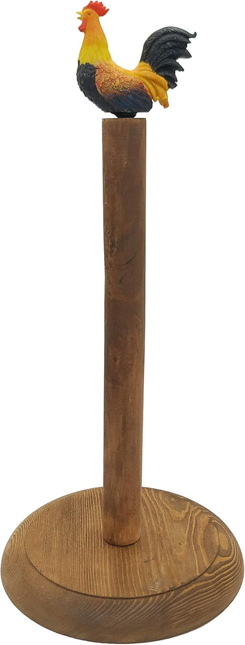 Rooster Design Rustic Brown Wood Paper Towel Holder Stand Up Paper Towel Holder, Easy One-Handed Tear Kitchen Paper