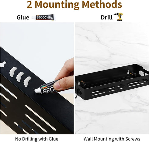 Wall Mount Paper Towel Holder for Kitchen - Self Adhesive Design with Shelf and 2 Hooks for Bathroom, RV