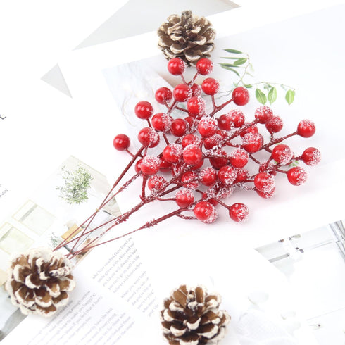 Feitore 30 Pack 8.9" Snow Frosted Red Berry Stems Holly Frosted Berry Picks Snowy Artificial Red Berries for Christmas