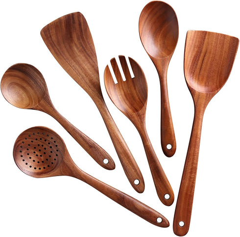 Wooden Spoons for Cooking, 6 Pcs Natural Teak Wood Non-Stick Utensils Set for Kitchen
