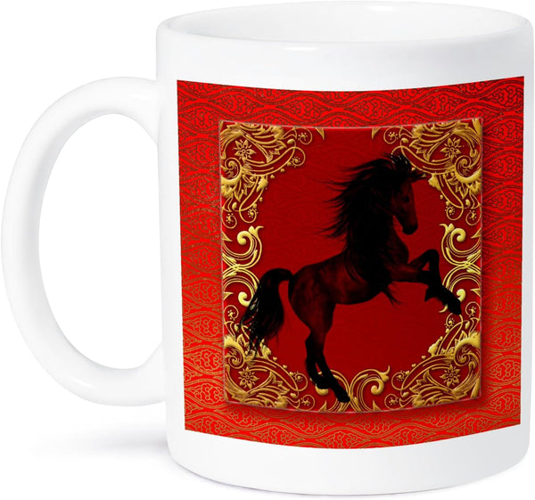 3dRose Zodiac Horse Chinese New Year Mug, Red, Gold, Black, 15 oz, White