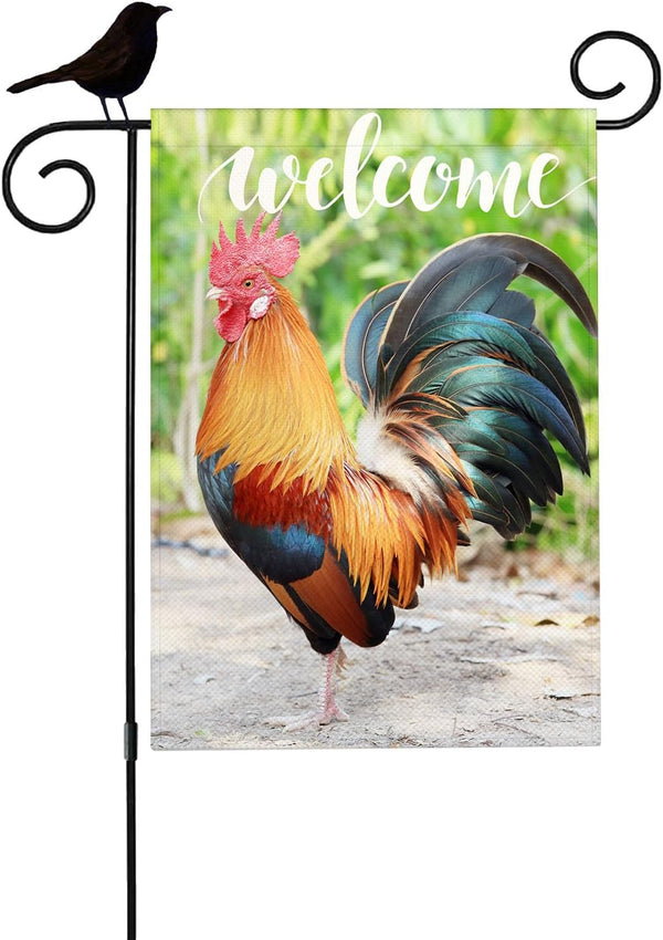 Welcome Rooster Garden Flag, 12.5X18 Double-Sided Farm Animal Chicken Flag for Outdoor Decor
