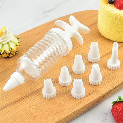 1Pc White Pipe Nozzles with Syringe, 8pcs Plastic Cream Baking Piping Nozzle Dispenser for Decorating