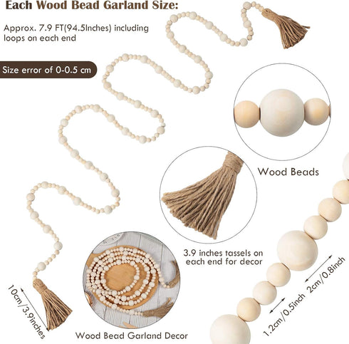 Jetec 7.9 Feet Wood Beaded Garlands with Tassels, Rustic Wooden Beads Garland for Christmas Table Wall Decor