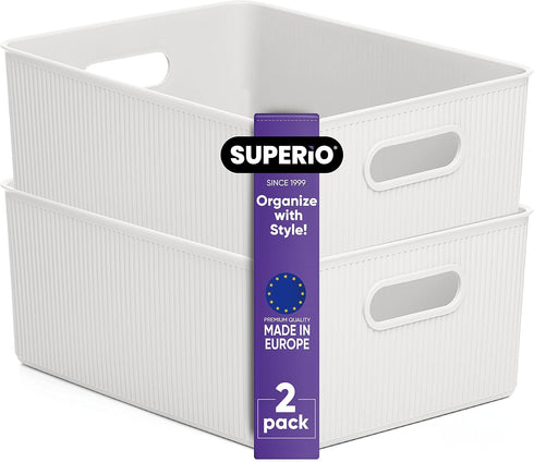 Superio Ribbed Collection - Large White Decorative Plastic Open Storage Bins, 2 Pack for Organizing