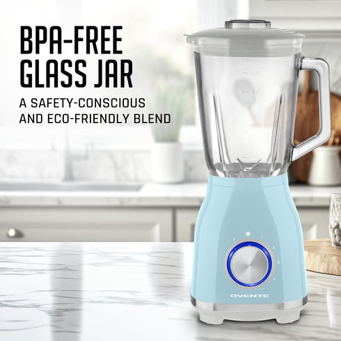 OVENTE Countertop Kitchen Blender - 550 Watts, Stainless Steel Blades, 50oz Glass Jar for Smoothies & More, Blue