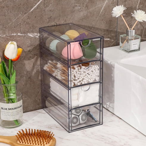 FABROK Clear Hair Accessory Organizer Box - 4 Drawer Compact Storage Set for Cosmetics, Glasses, Stationery, Stackable