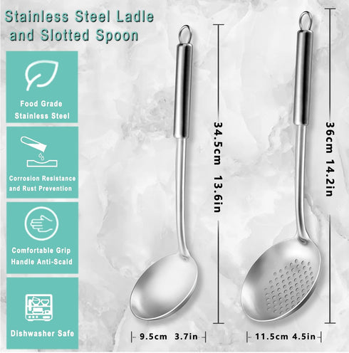 Pleafind 2-Pcs Ladle and Slotted Spoon, Soup Ladle and Strainer Spoon, Stainless Steel Cooking Spoon and Skimmer Spoon, Kitchen Utensils, Wok Utensils for Home and Restaurant, Dishwasher Safe