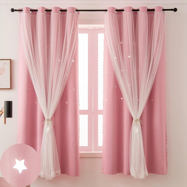 Pink Blackout Curtains for Girls Bedroom Cute - Aesthetic Star Cutout Double