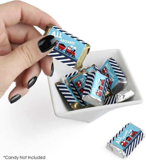 40 Count Big Dot of Happiness Railroad Party Crossing - Mini Candy Bar Wrapper Stickers - Steam Train Birthday Party
