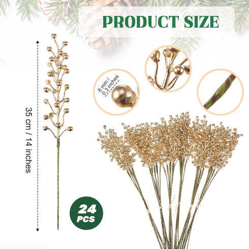 24 Pack 14 Inch Christmas Berry Stems Artificial Berry Picks Xmas Holly Berry Stem Branches for Christmas Tree Ornament